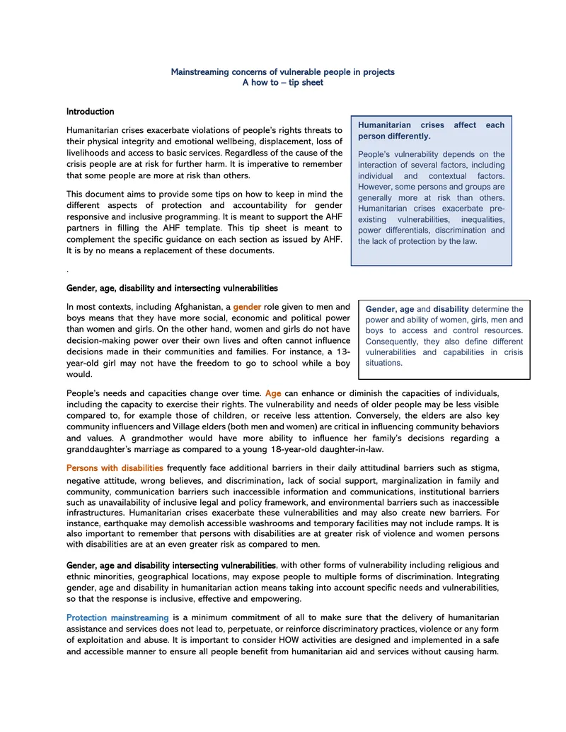 Mainstreaming Vulnerability Concerns in Humanitarian Projects