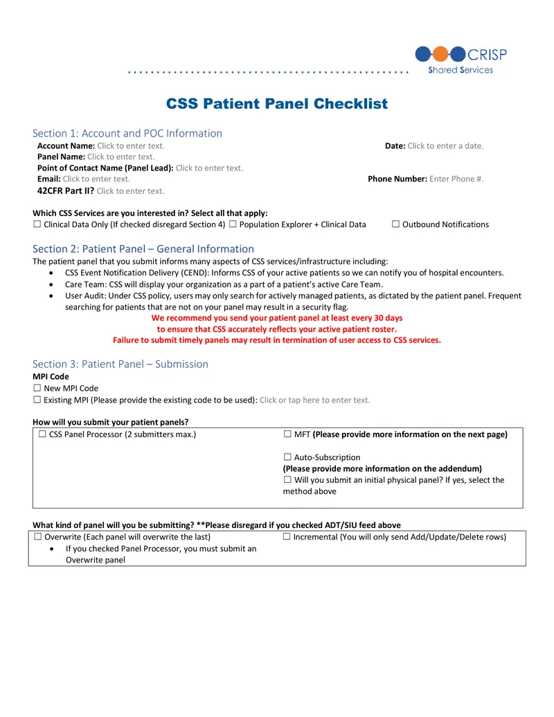CSS Patient Panel Submission Checklist