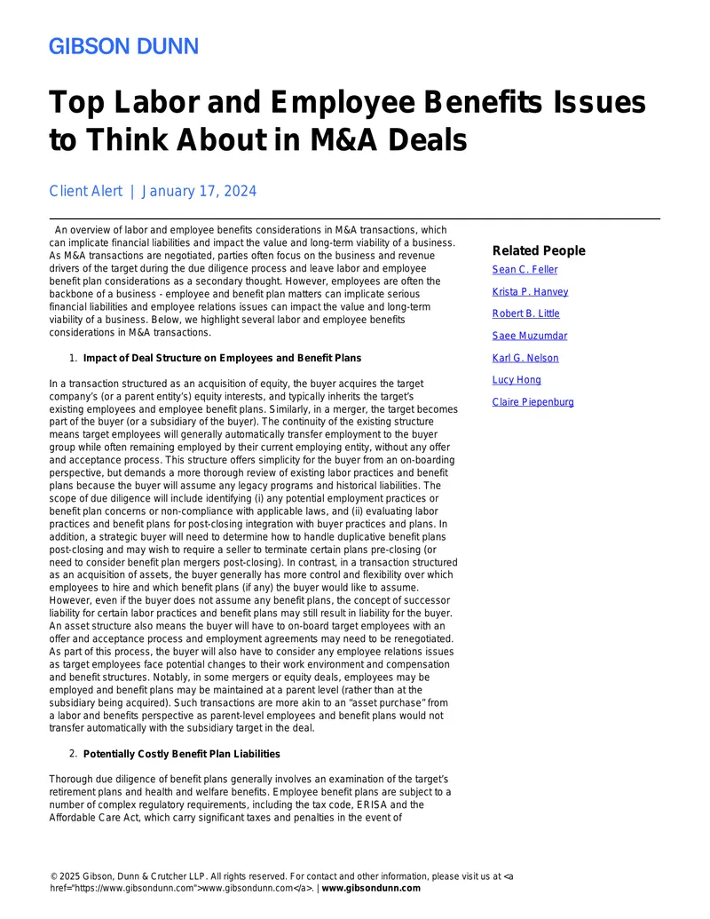 Labor and Employee Benefits Considerations in M&A Transactions