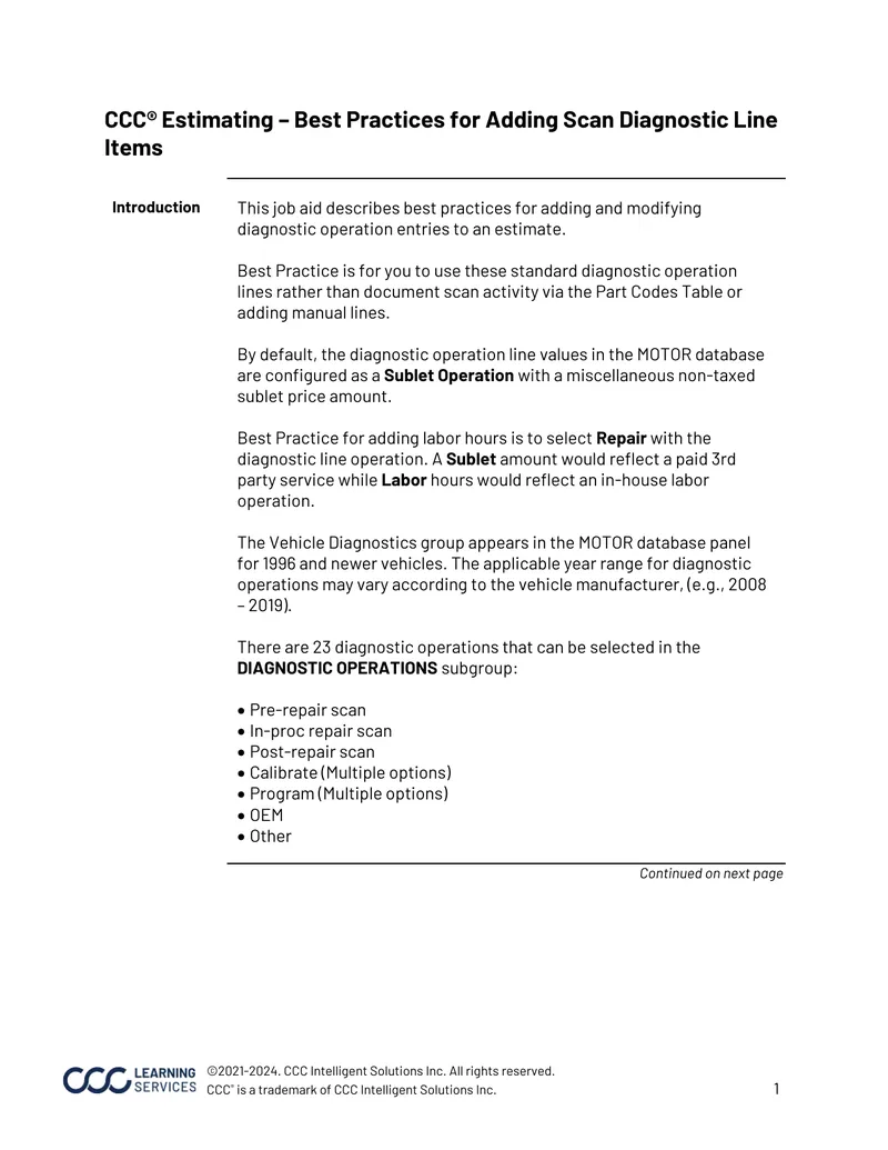 Best Practices for Adding Scan Diagnostic Line Items
