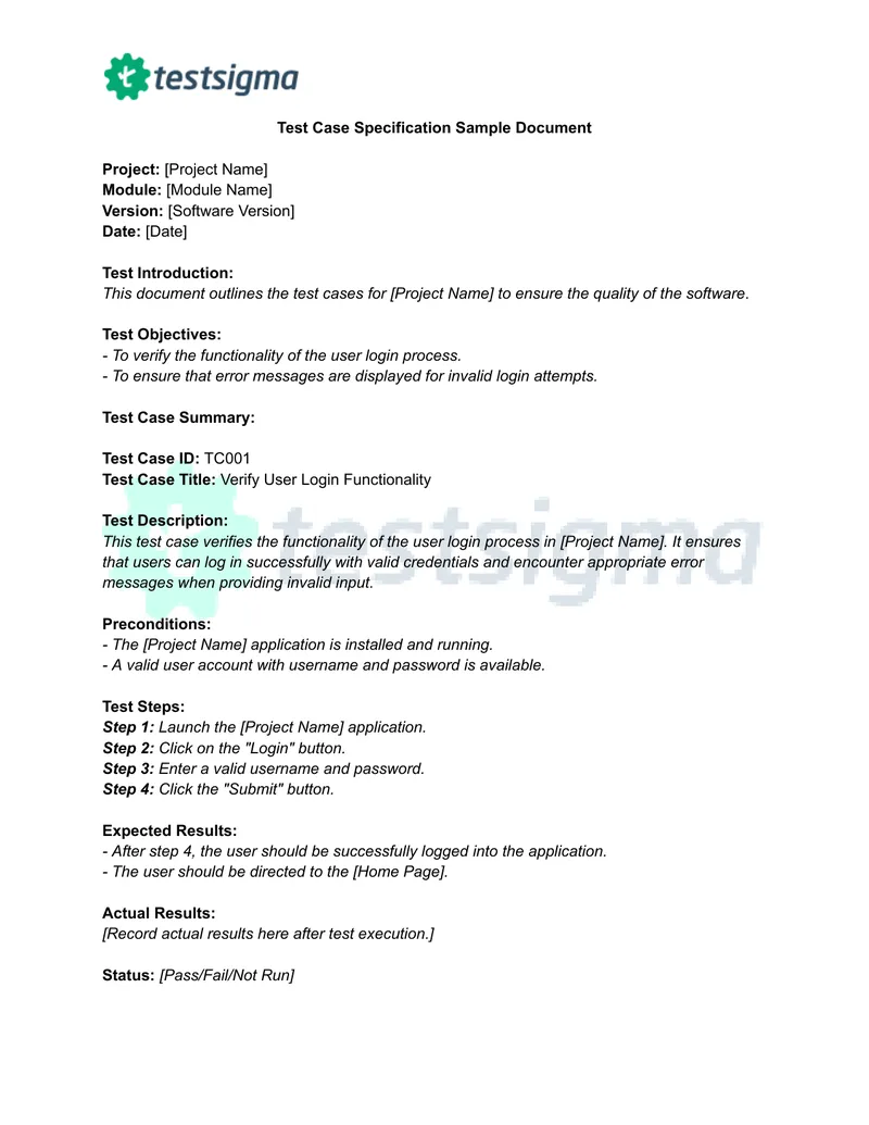 Test Case Specification Document for Software Quality
