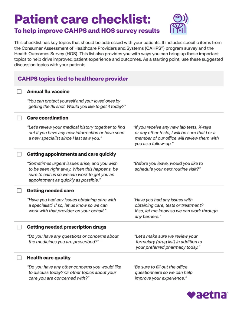 Patient Care Checklist for CAHPS and HOS Surveys