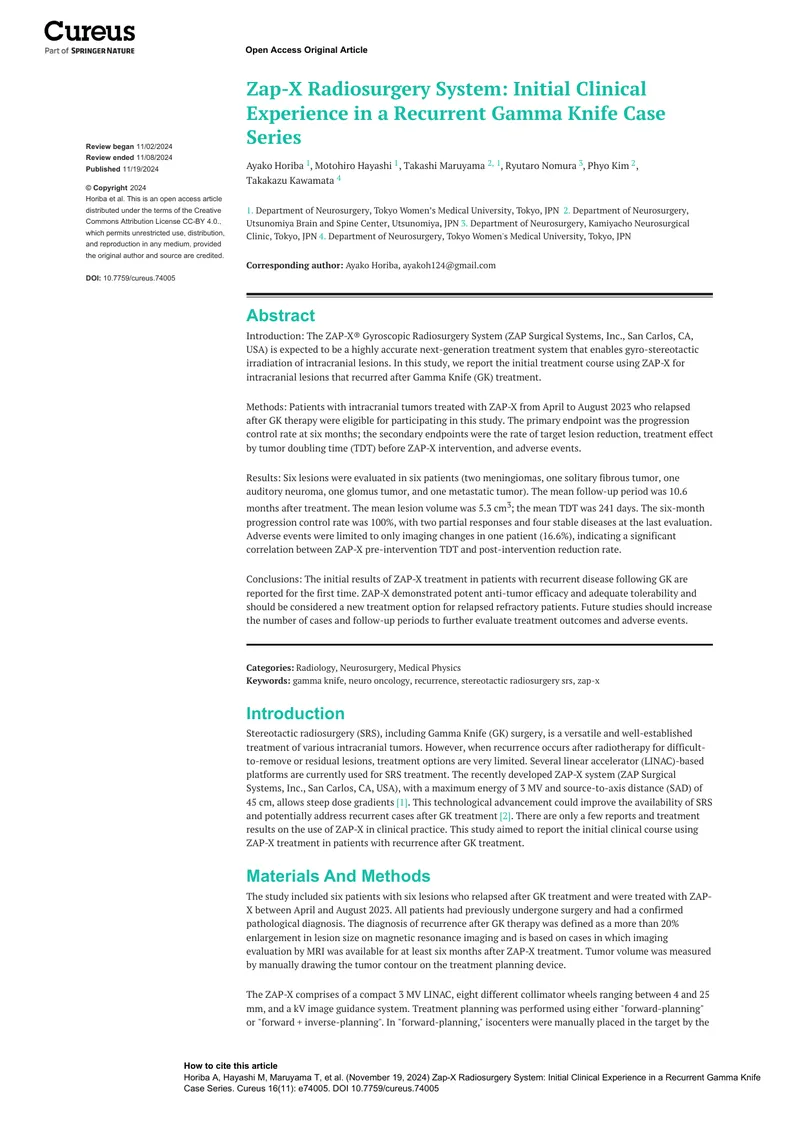 Zap-X Radiosurgery System Clinical Experience Report