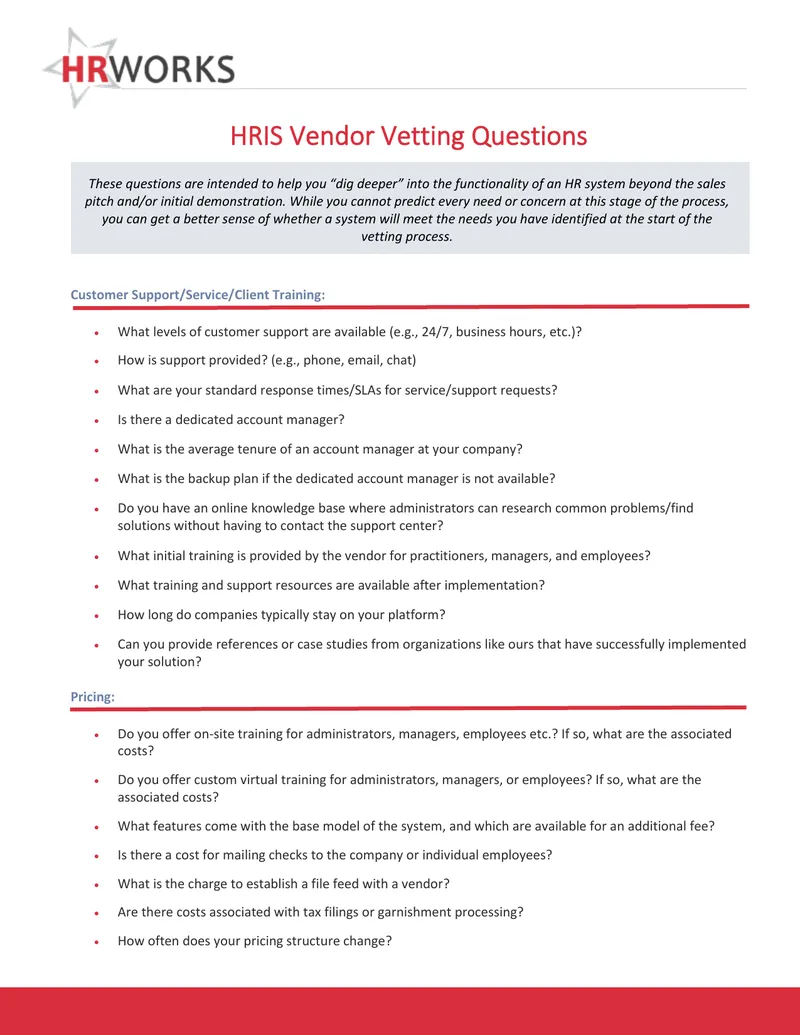 HRIS Vendor Vetting Questions Guide
