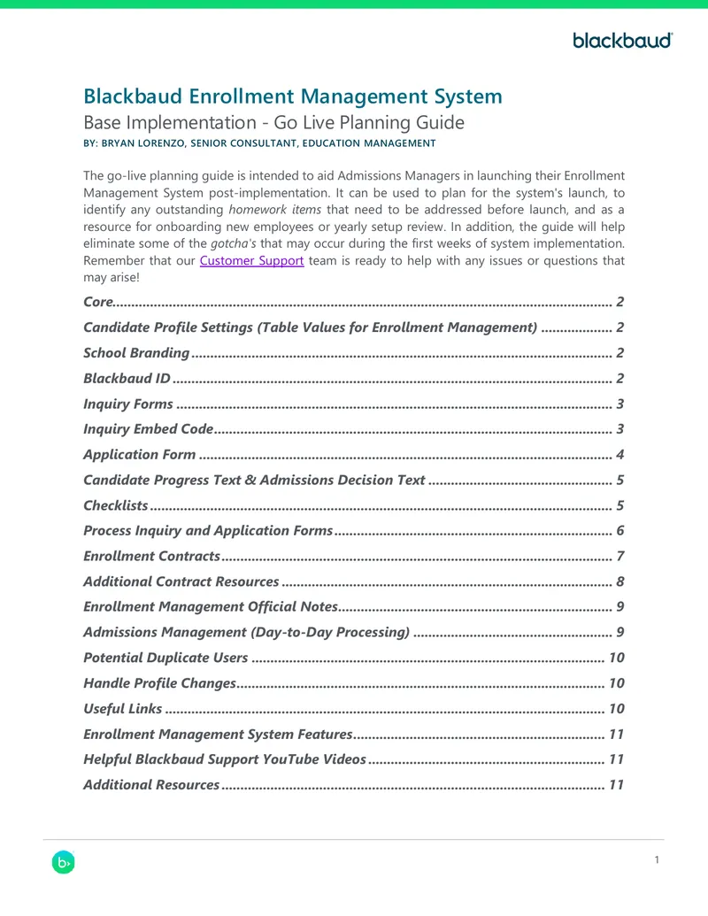 Blackbaud Enrollment Management System Go Live Planning Guide