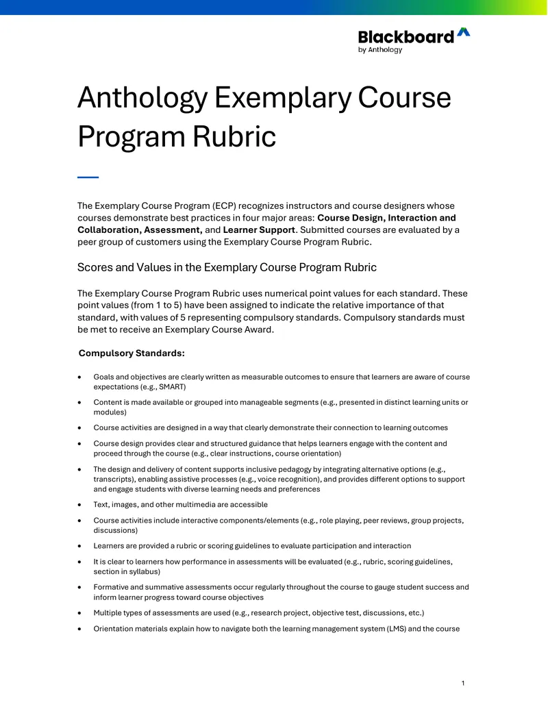 Exemplary Course Program Rubric Overview