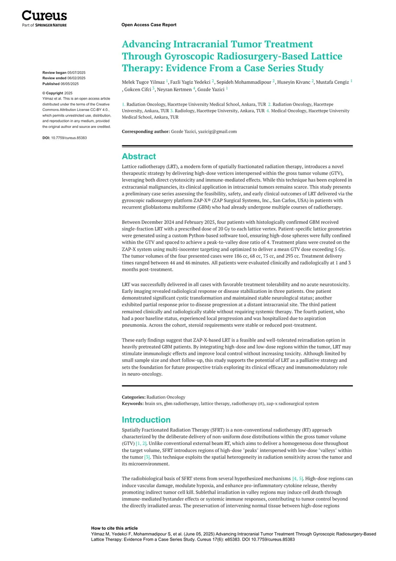 Advancing Intracranial Tumor Treatment Through Gyroscopic Radiosurgery-Based Lattice Therapy