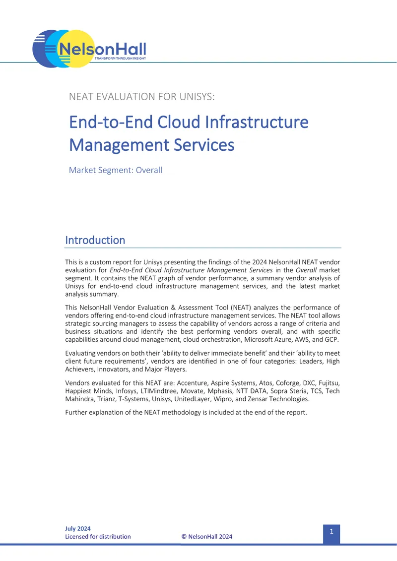 NEAT Evaluation for Unisys: Cloud Infrastructure Management Services preview page 1