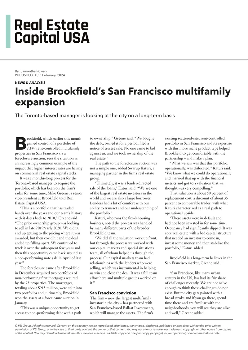 Brookfield's Multifamily Property Acquisition in San Francisco