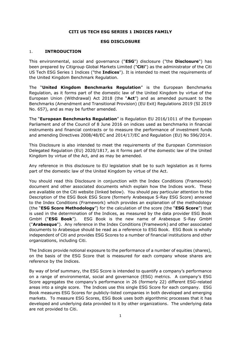 Citi US Tech ESG Series 1 Indices Disclosure