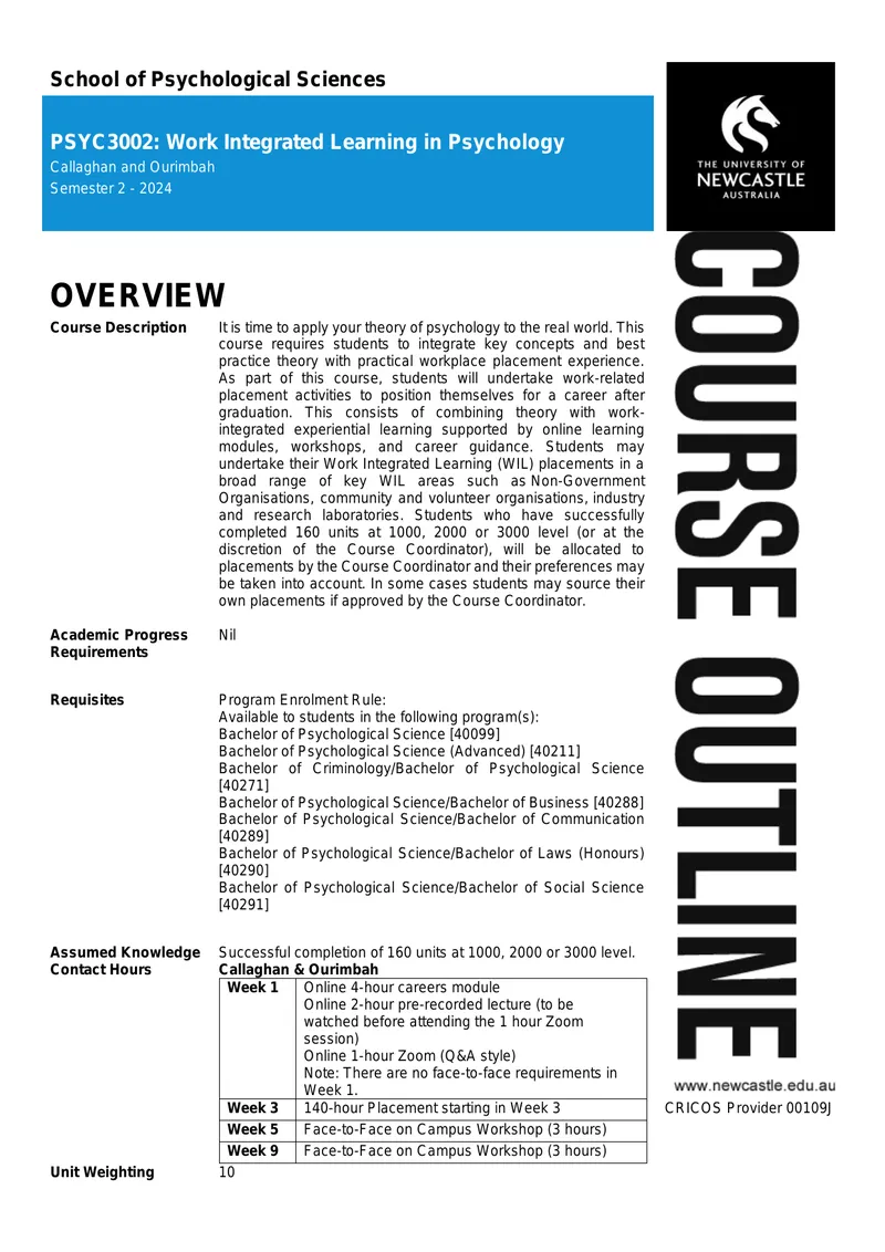 Work Integrated Learning Course Details for Psychology