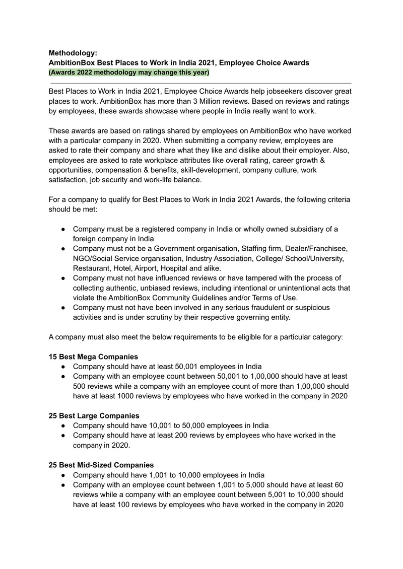 AmbitionBox Best Places to Work Methodology 2021