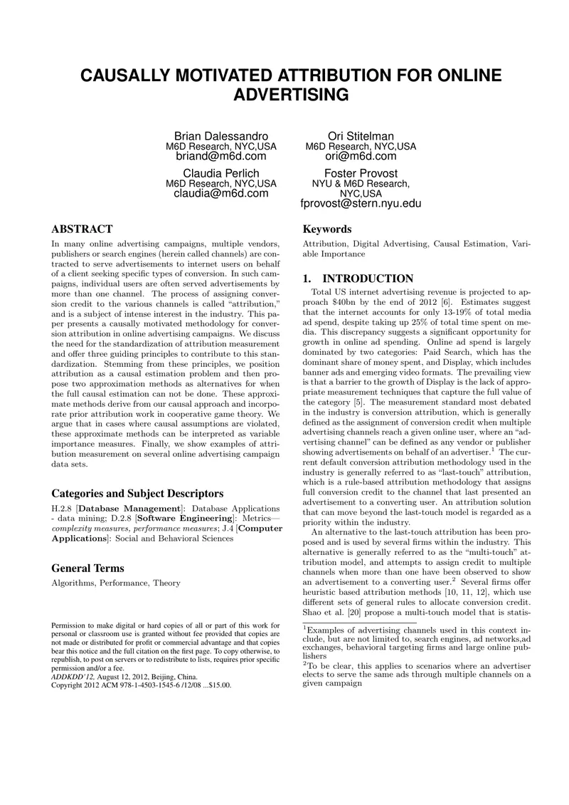Causally Motivated Attribution Methodology for Online Advertising