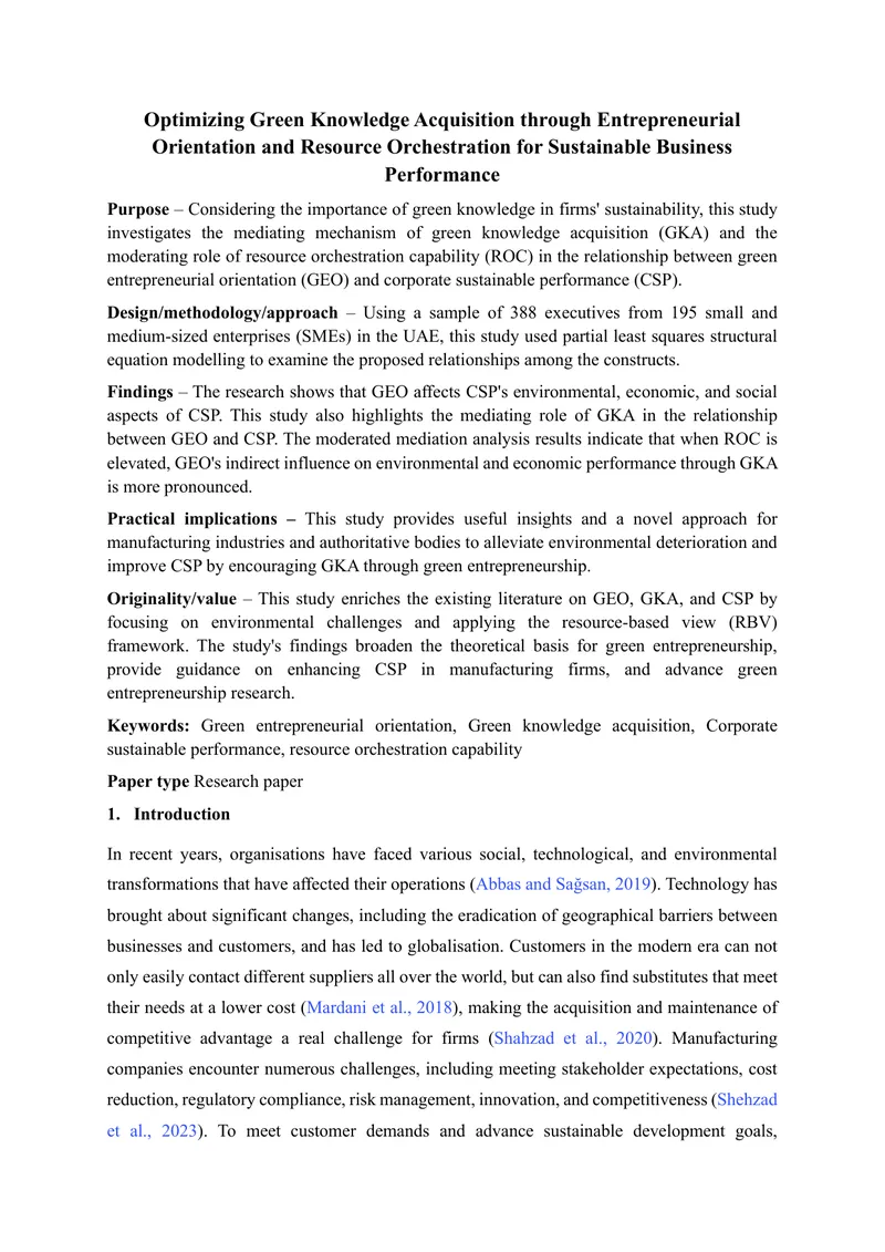 Optimizing Green Knowledge Acquisition for Sustainable Business Performance