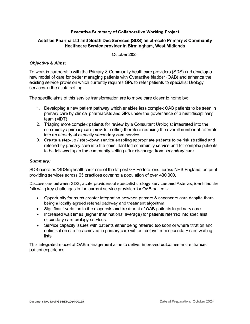 Collaborative Working Project for Overactive Bladder Management