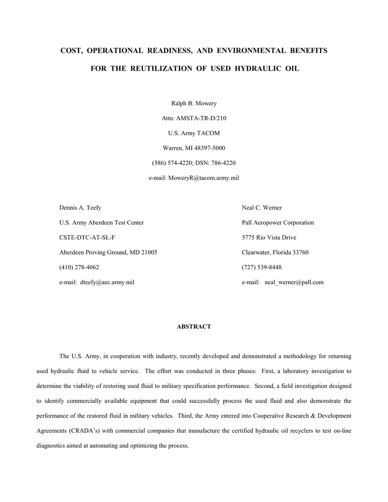 Methodology for Reutilizing Used Hydraulic Oil