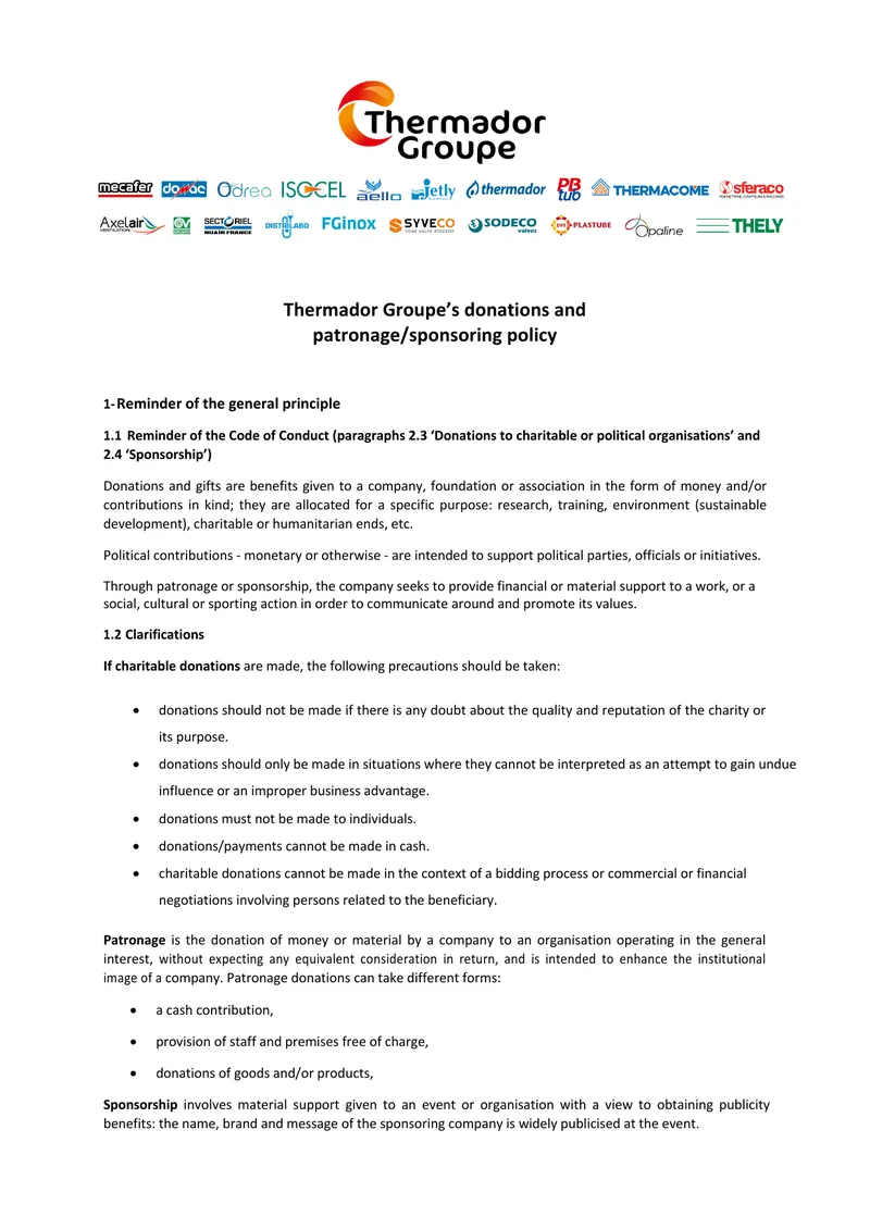 Thermador Groupe Donations and Sponsorship Policy