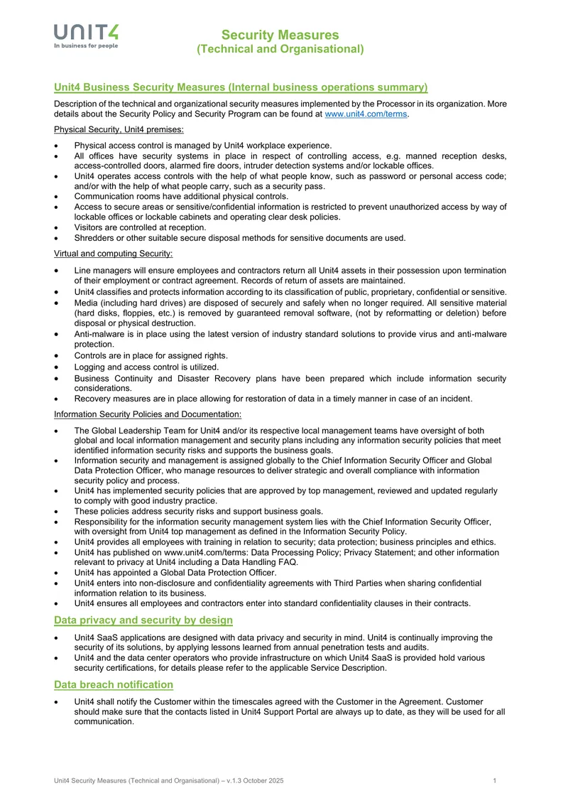 Unit4 Technical and Organizational Security Measures