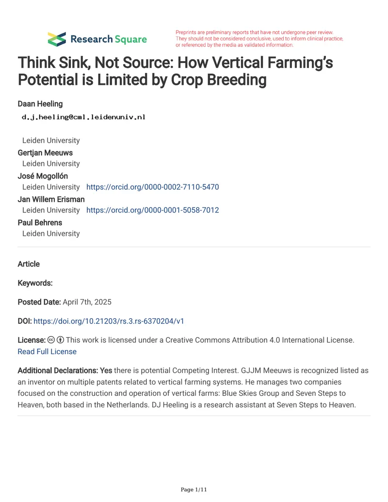 Vertical Farming Yield Limitations and Breeding Needs