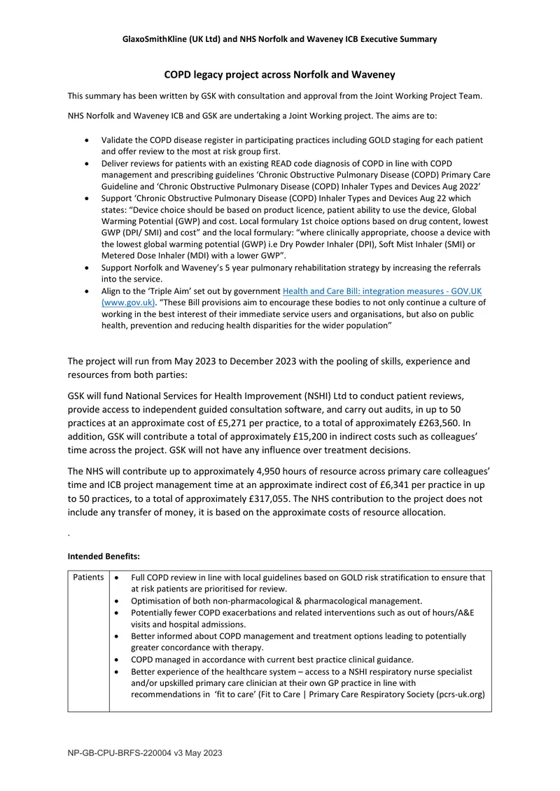 COPD Legacy Project Collaboration Summary