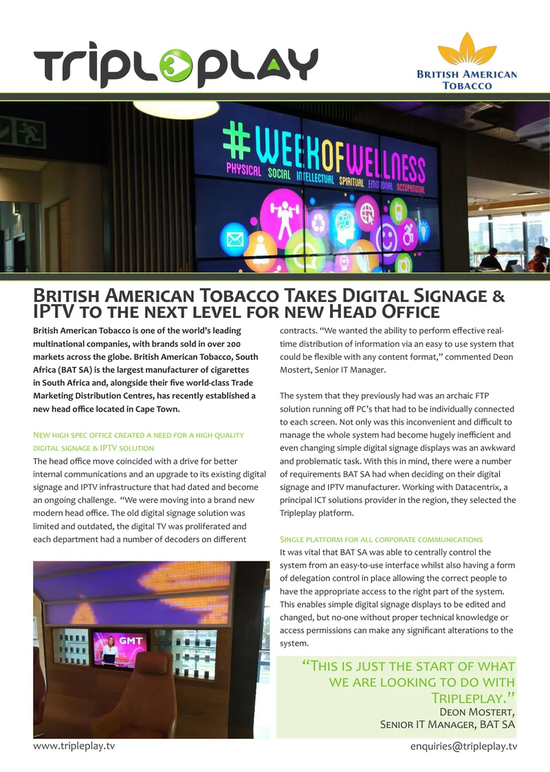 Digital Signage and IPTV Implementation at BAT SA