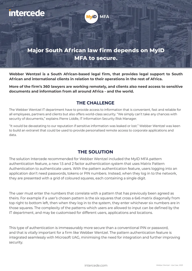 Webber Wentzel Use Case for MyID MFA Implementation
