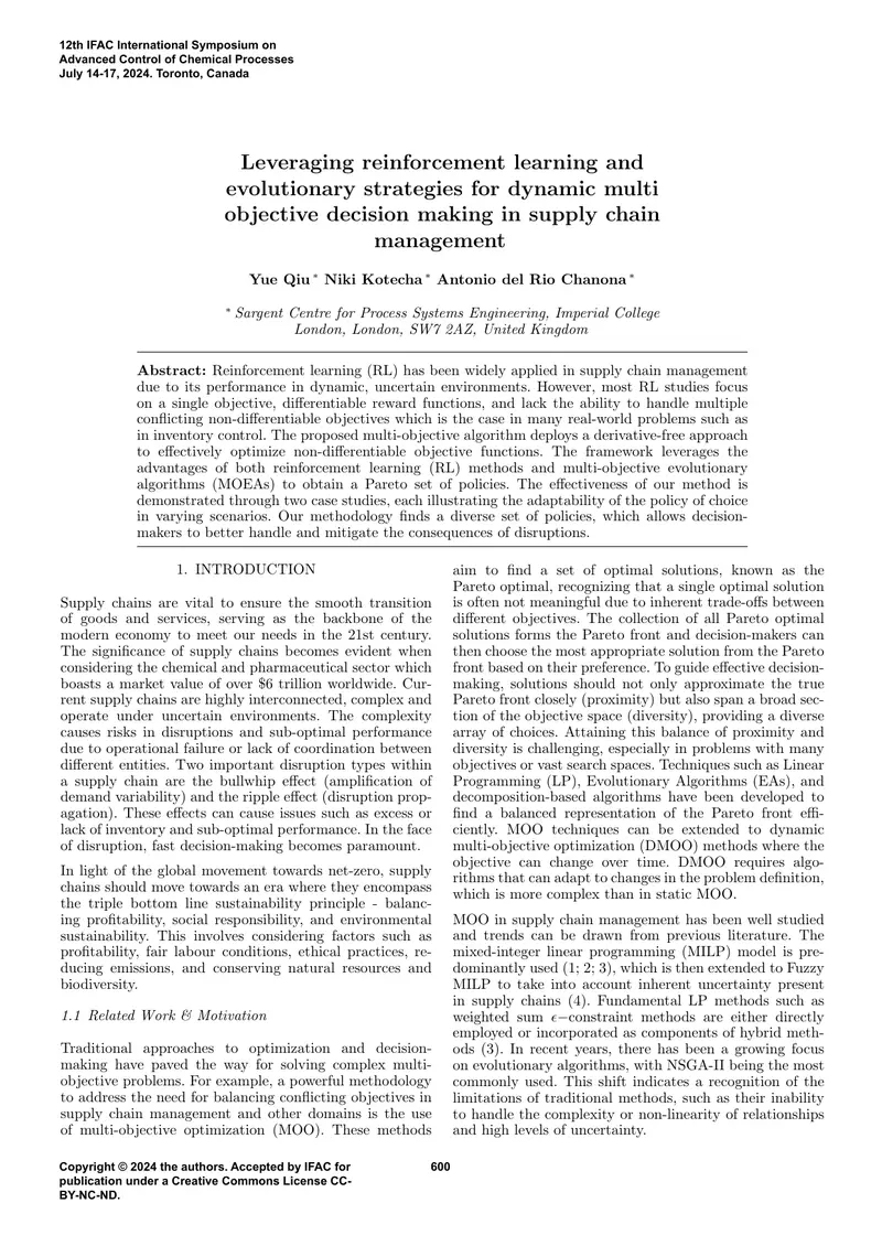 Dynamic Multi-Objective Decision Making in Supply Chain Management
