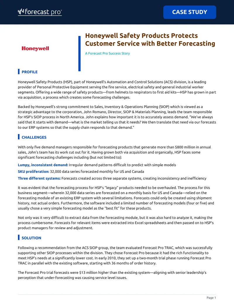 Honeywell Safety Products Forecasting Case Study