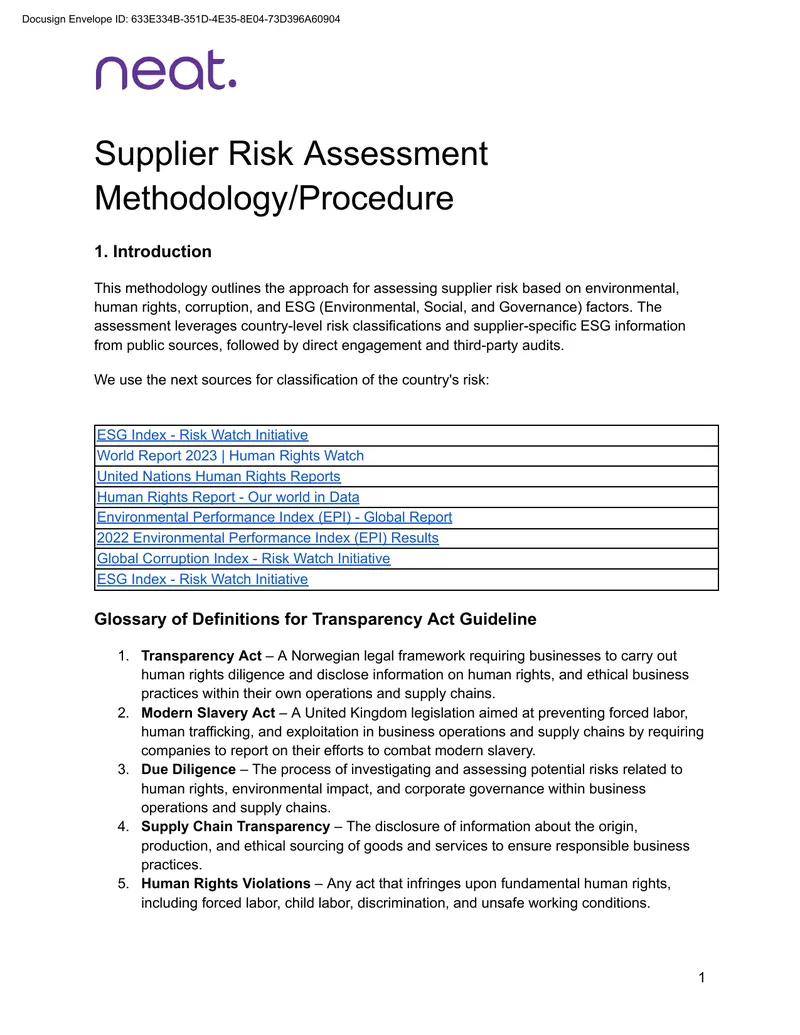 Supplier Risk Assessment Methodology and Procedure