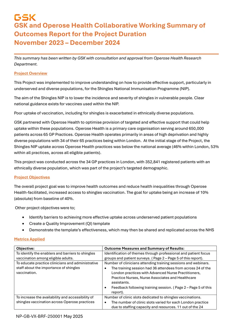 GSK and Operose Health Shingles Vaccination Project Report