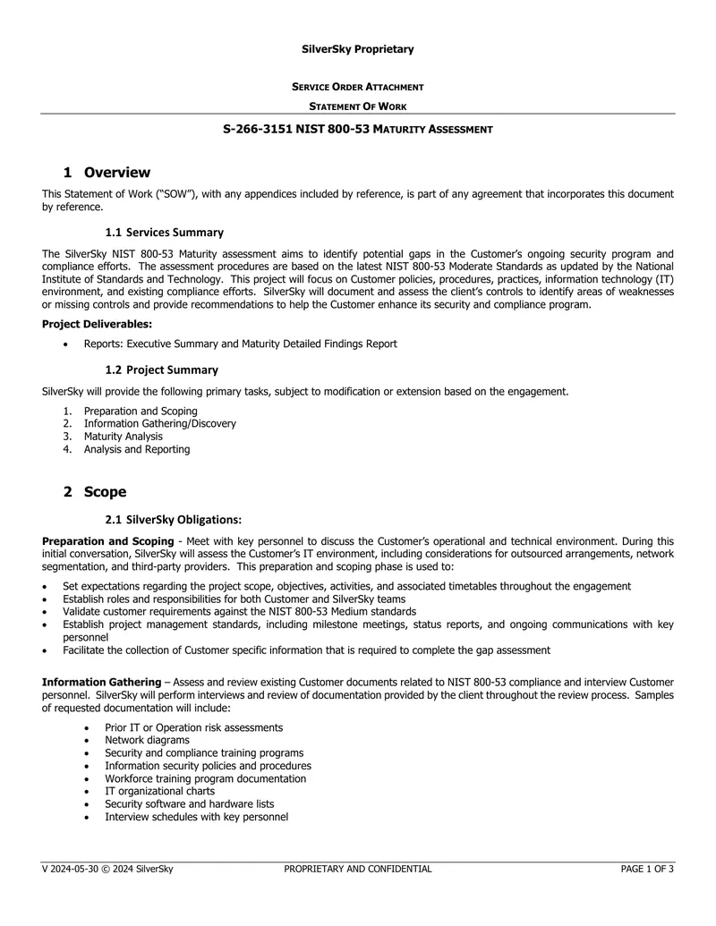 NIST 800-53 Maturity Assessment Statement of Work