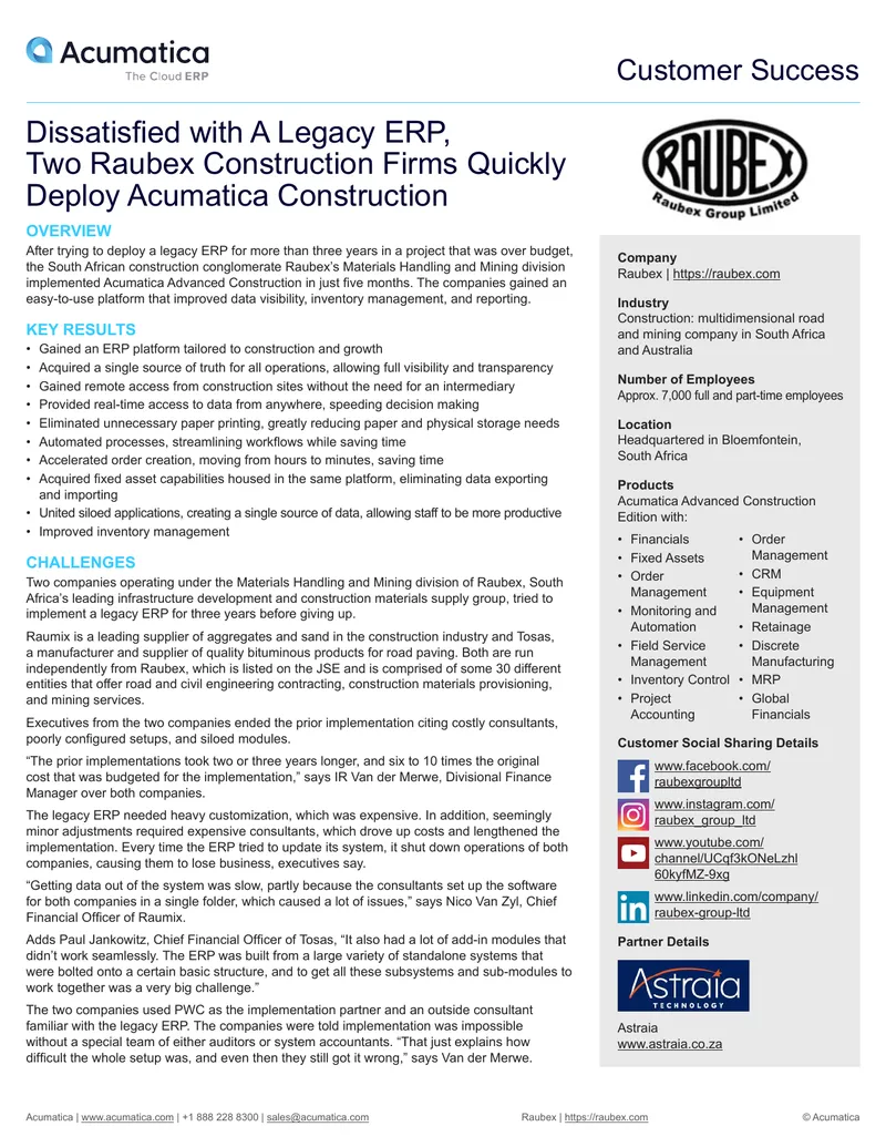 Raubex Implements Acumatica Advanced Construction ERP preview page 1