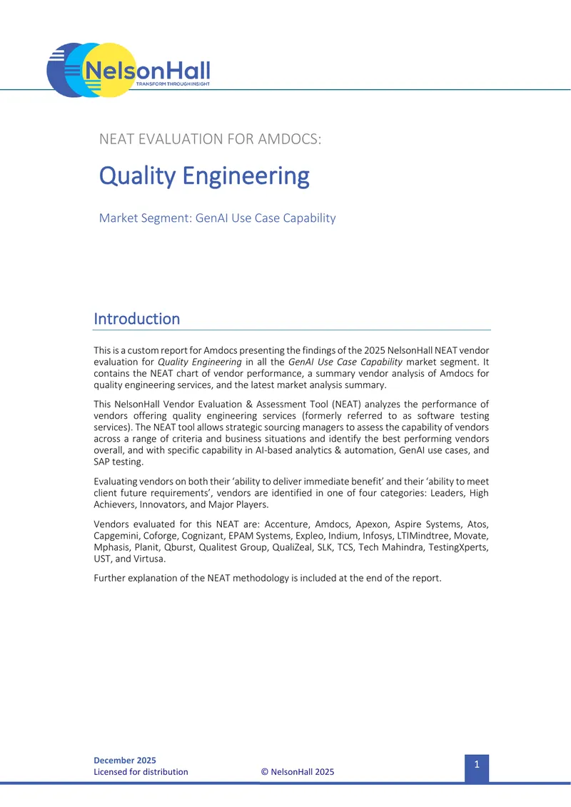 NEAT Evaluation for Amdocs in Quality Engineering