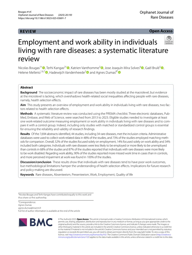 Employment and Work Ability in Rare Diseases
