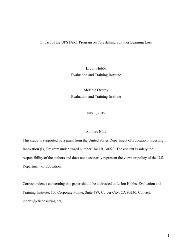 Impact Evaluation of the UPSTART Summer Program