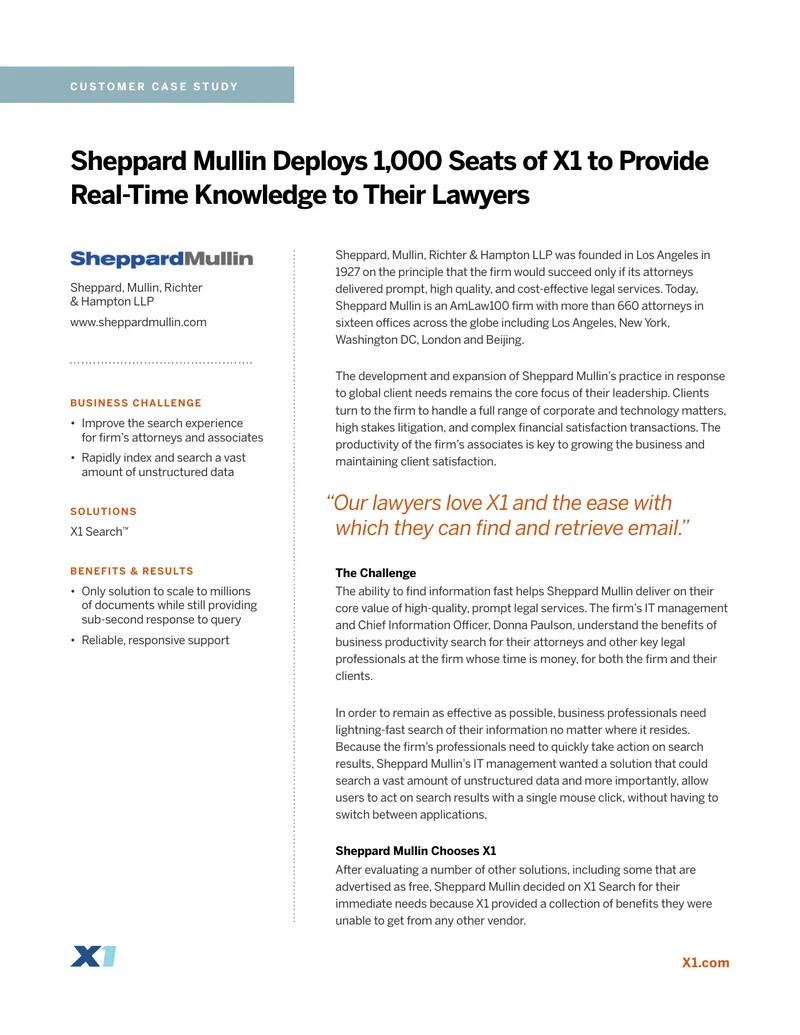 Sheppard Mullin Implements X1 Search Solution