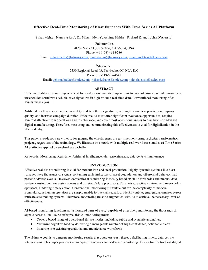 Real-Time Monitoring Framework for Blast Furnaces