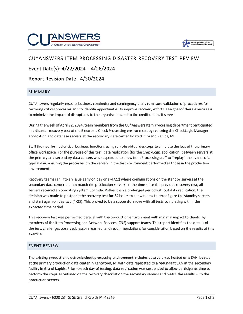 CU*Answers Item Processing Disaster Recovery Test Review