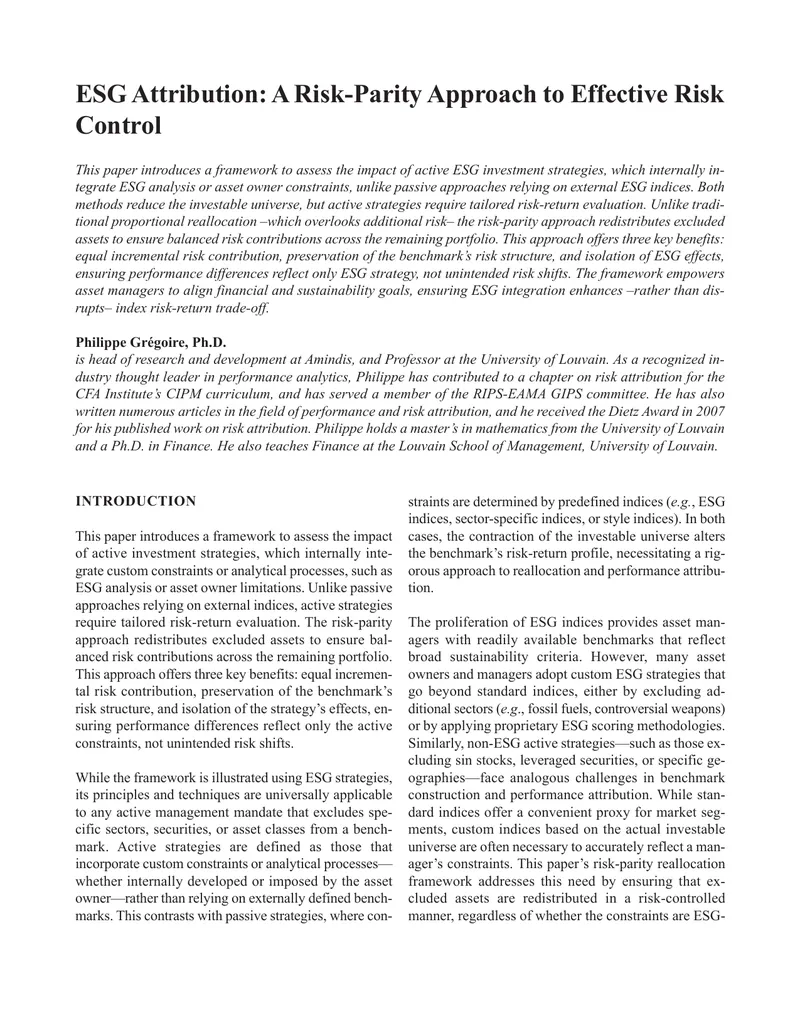 ESG Attribution Framework Using Risk-Parity Approach