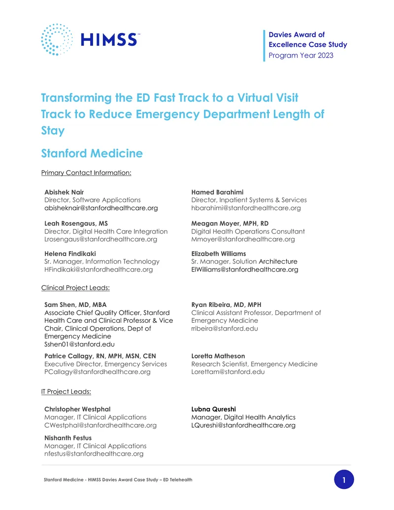 Stanford Medicine ED Telehealth Program Case Study