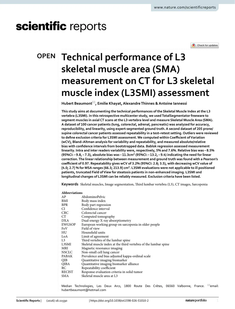 Technical Performance of L3 Skeletal Muscle Index Assessment