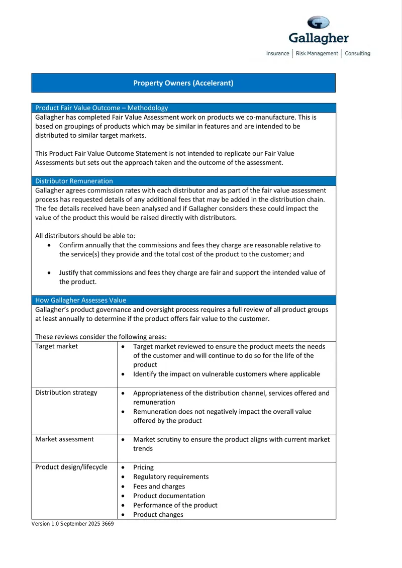 Product Fair Value Outcome Methodology