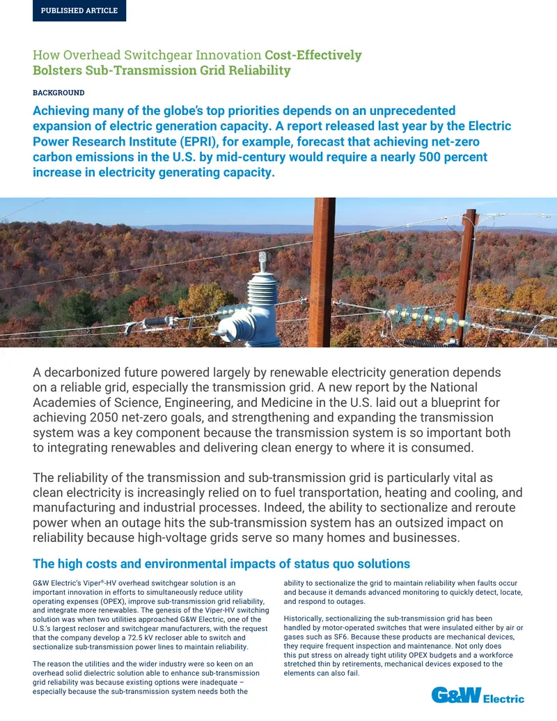 Overhead Switchgear Innovation for Sub-Transmission Reliability