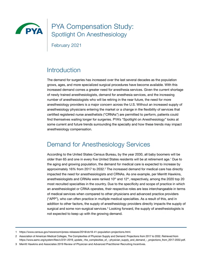 PYA Compensation Study on Anesthesiology Trends