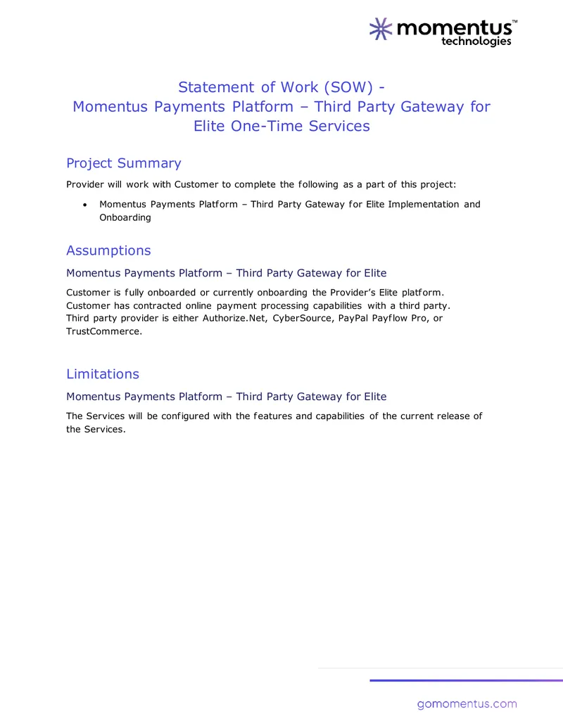 Statement of Work for Momentus Payments Platform