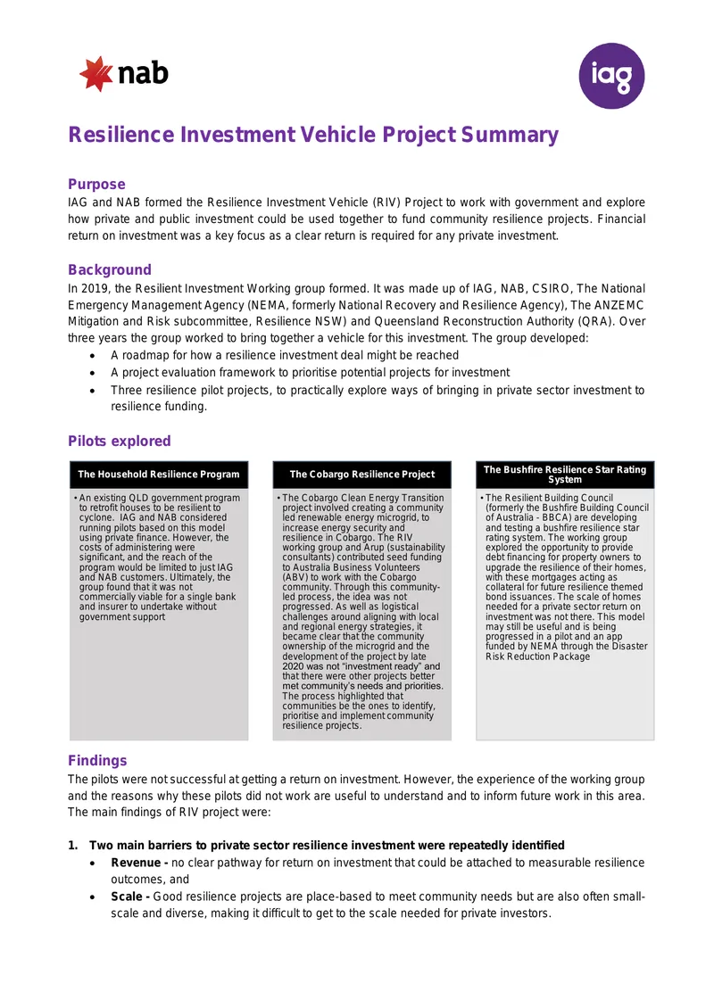 Resilience Investment Vehicle Project Summary