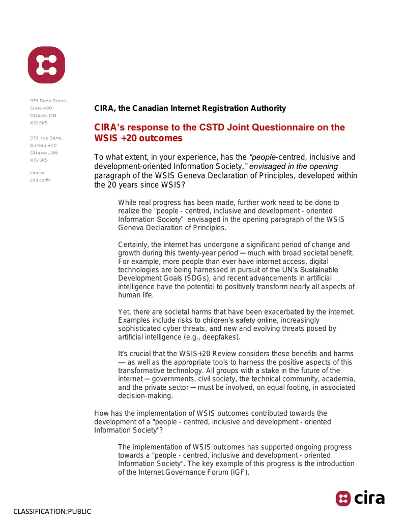 CIRA Response to CSTD Joint Questionnaire on WSIS Outcomes