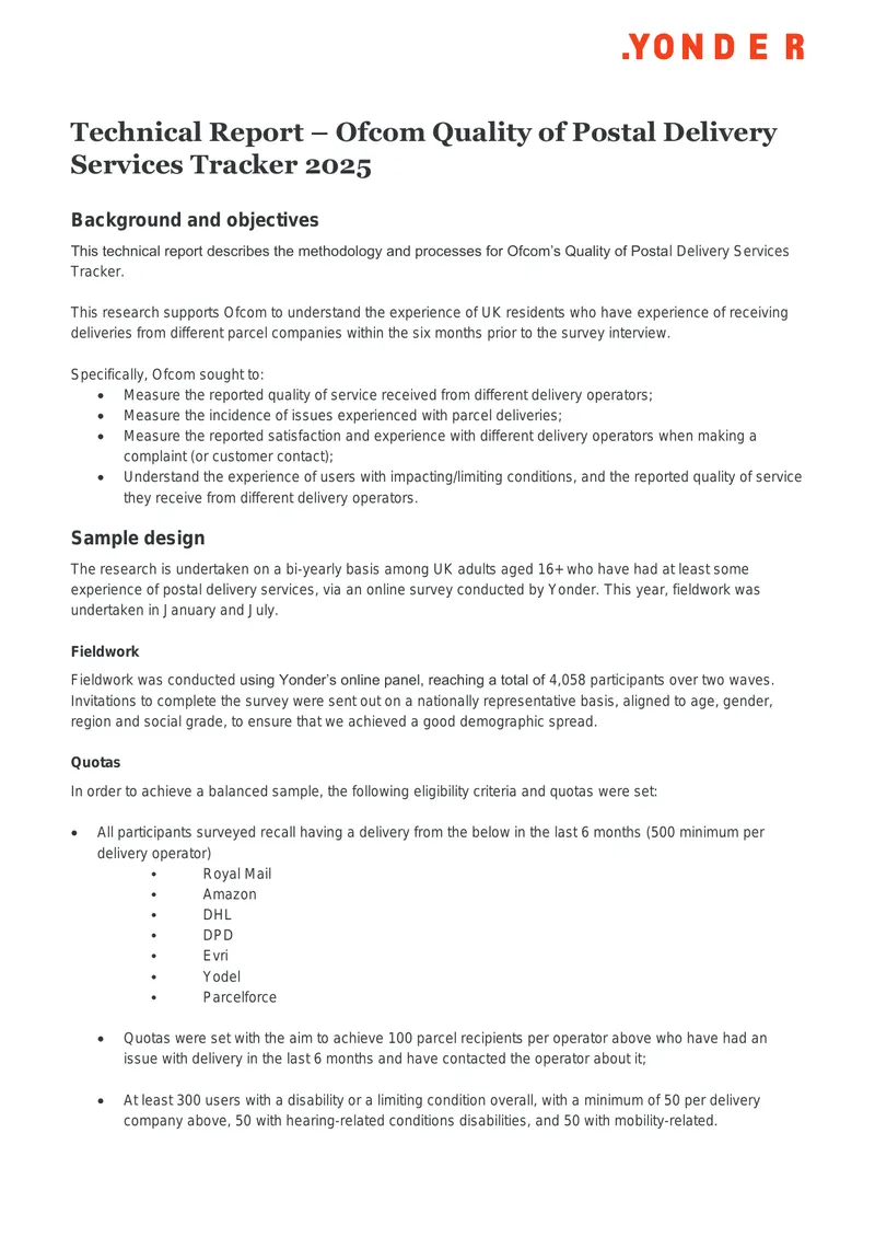 Ofcom Quality of Postal Delivery Services Tracker 2025