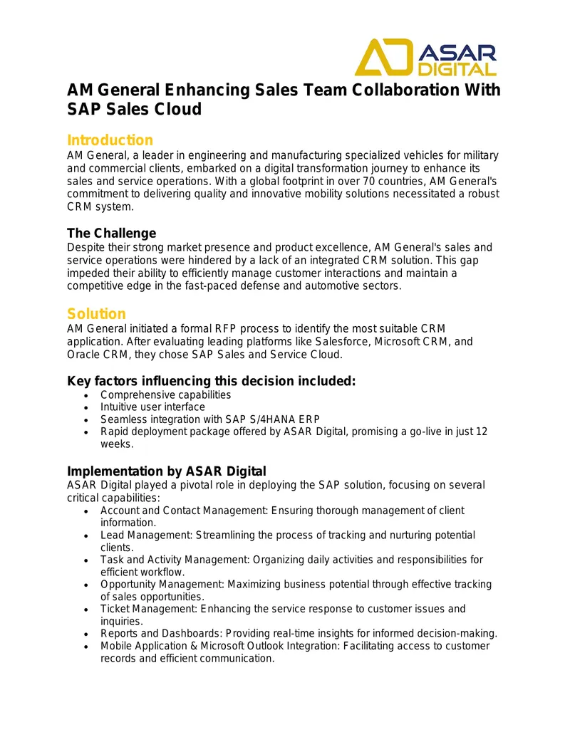 AM General SAP Sales Cloud Implementation Case Study preview page 1