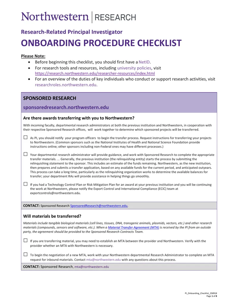 Research-Related Principal Investigator Onboarding Procedure Checklist